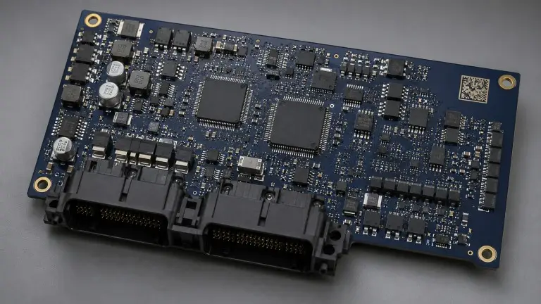 Automotive ECU PCB with DataMatrix traceability code — IATF 16949 compliant laser marking