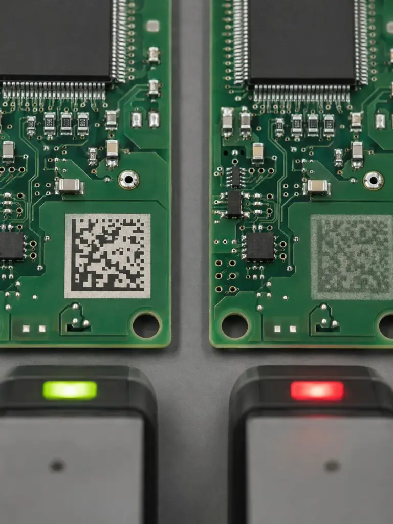 Comparison of high-contrast readable DataMatrix code vs failed low-contrast mark on PCB