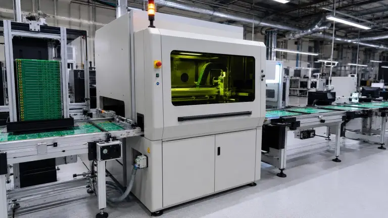 Inline PCB laser marking machine integrated into SMT production line with SMEMA conveyor