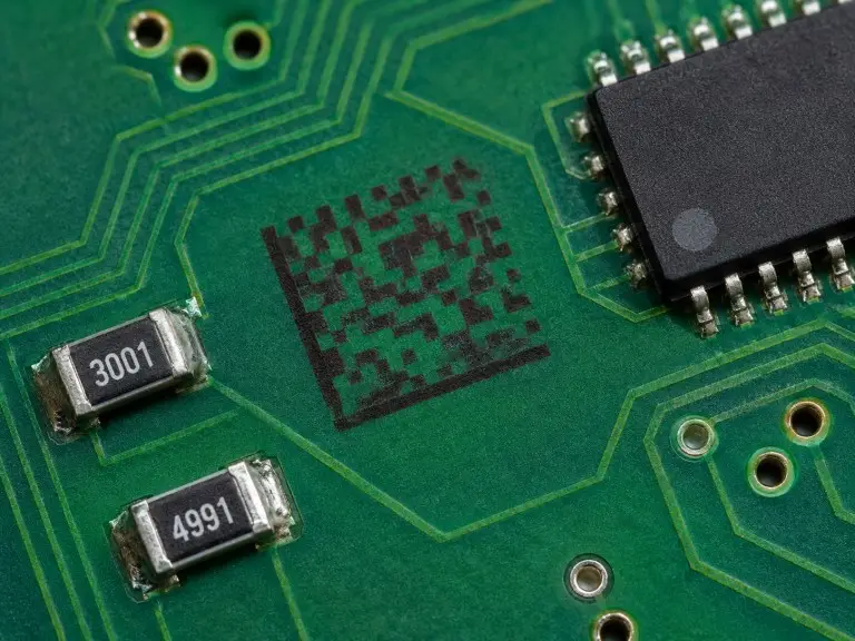 Close-up of DataMatrix microcode UV laser marking on PCB solder mask — 0.02mm precision