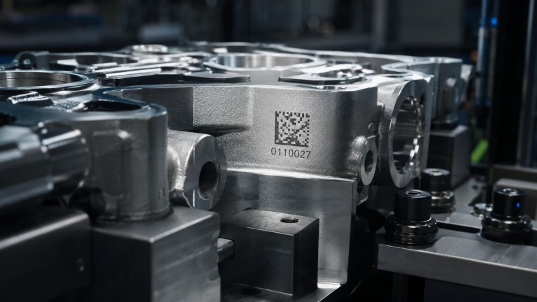 Fiber laser marking permanent DataMatrix traceability code on automotive engine component stainless steel surface AIAG compliant