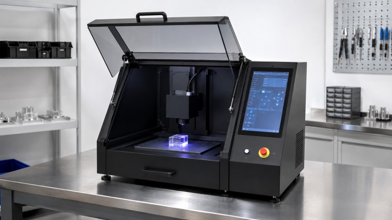 Desktop enclosed CO2 laser marking workstation with safety enclosure and operator control panel for batch marking of non-metal components