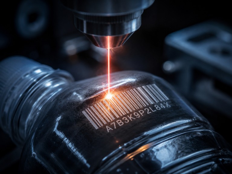 Close-up of CO2 laser beam marking permanent barcode and serial number on PET plastic bottle surface, high precision industrial process