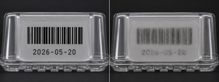 Side-by-side comparison of RF metal tube CO2 laser mark quality versus glass tube on plastic packaging