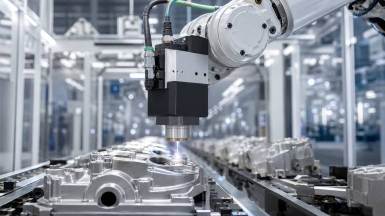OEM inline fiber laser marking head mounted on robotic arm marking metal parts on automated production line conveyor
