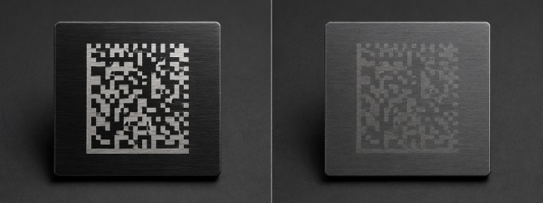 Side-by-side comparison of MOPA fiber laser black mark versus Q-switched gray mark on anodized aluminum surface — contrast quality difference