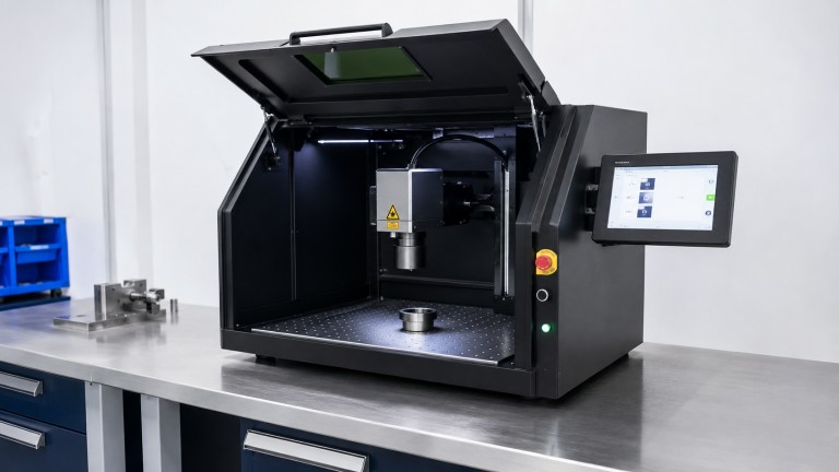Enclosed Class 1 fiber laser marking workstation with safety lid and touchscreen panel for batch metal part marking