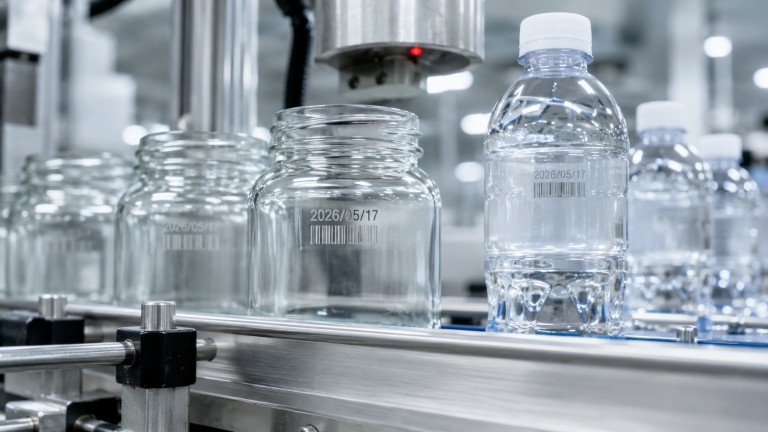 CO2 laser marking expiry date and GS1 barcode on glass jars and PET bottles in food and beverage production facility, FDA-compliant traceability