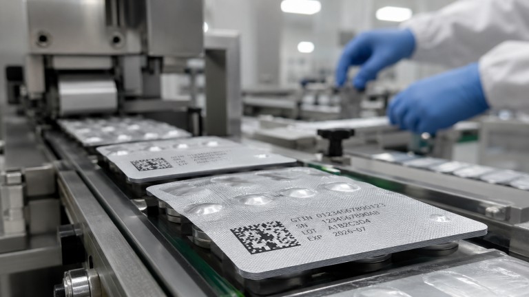 CO2 laser marking serialized QR code and batch number on pharmaceutical blister packs and folding cartons in GMP-compliant clean room environment